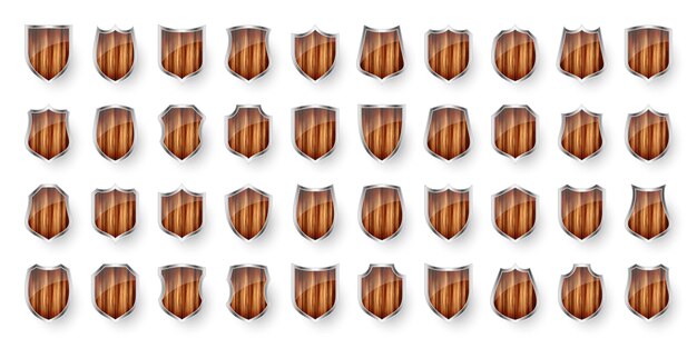 Vector set of wooden vintage shield icons black heraldic shields protection and security symbol label