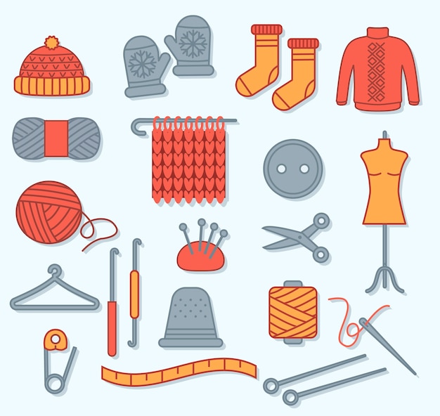 Vector set of woolen knitted clothes and knitting tools isolated on white background. yarn buttons, hook and scissors, jumper, sock and mittens