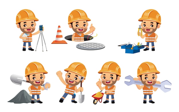 Set of worker with different poses