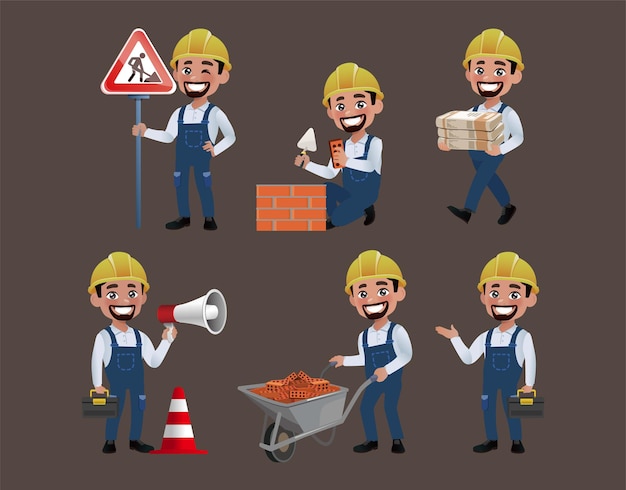 Set of worker with different poses