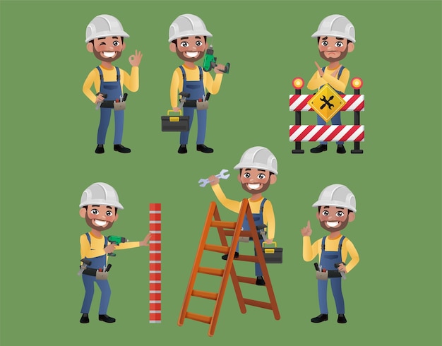 Set of worker with different poses