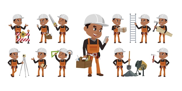 Set of worker with different poses