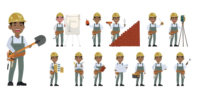 Set of worker with different poses