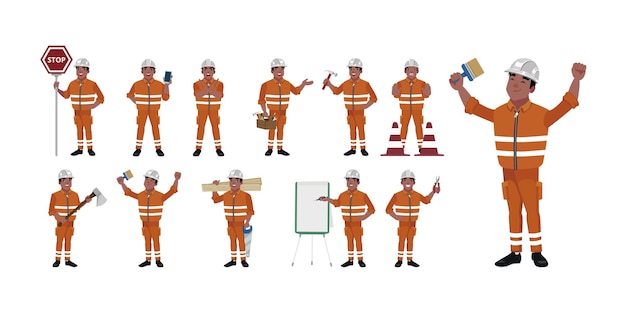 Set of worker with different poses