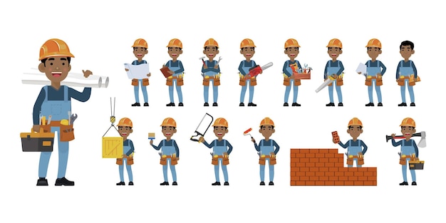 Set of worker with different poses