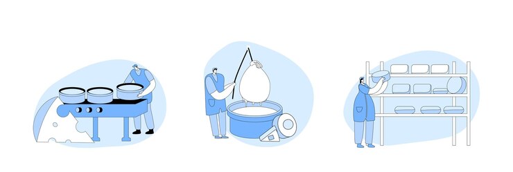 Vector 労働者がプロの工場設備で乳製品の塊をデカントし、チーズを作るための特別な丸い形に入れます