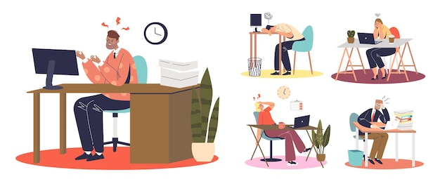 Set of workers suffering from stress at work. Overwhelmed and frustrated people with professional burnout feeling unhappy and anxious at office. Cartoon flat vector illustration