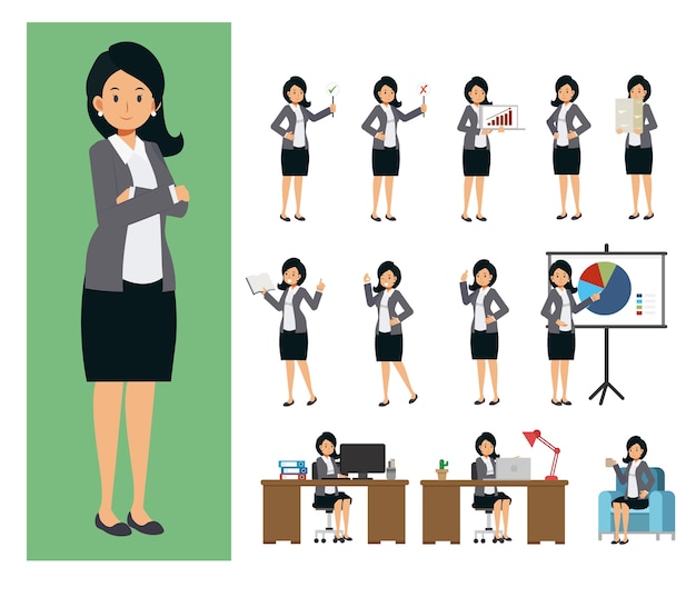 Set of working business woman. business woman  working in office ,in flat  people characters.