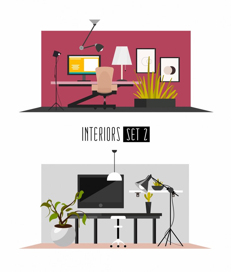 Vector set of working interiors in flat minimalism style. interiors of workplaces or business