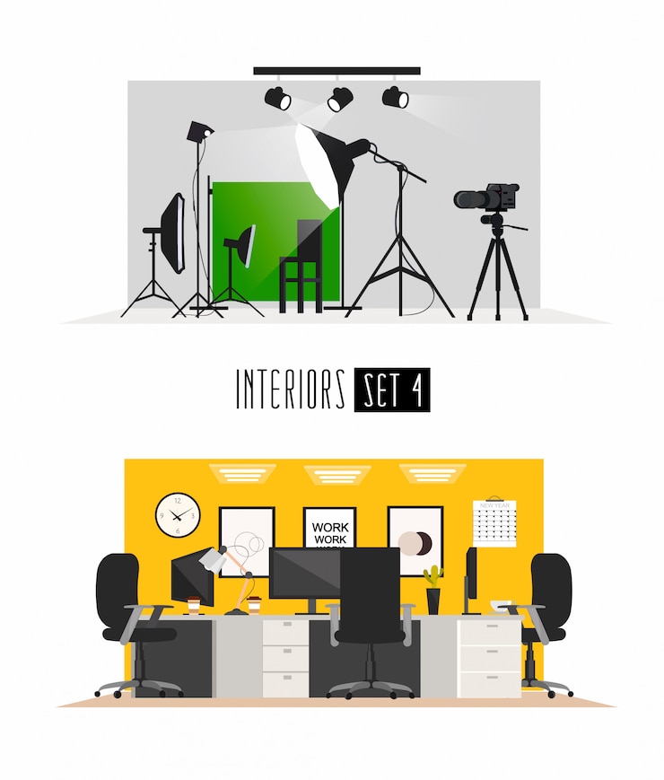 Vector set of working interiors in flat minimalism style. interiors of workplaces or business