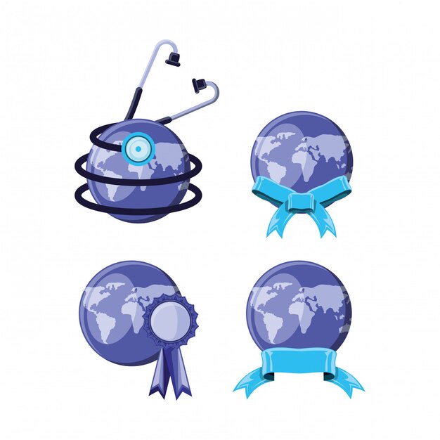 Set world planet earth and stethoscope