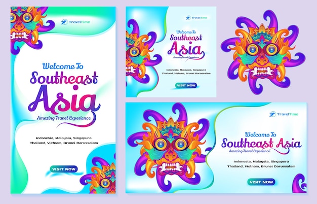 Set of world travel banner template visit asia with traditional culture mask and puppet illustration