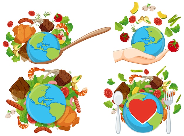 Vector set of world with healthy food