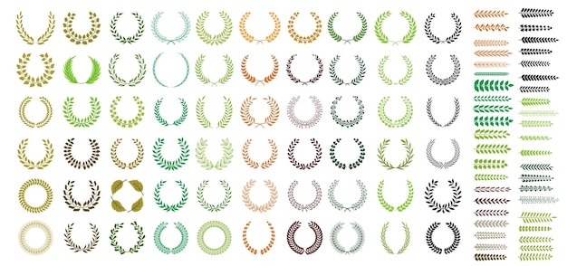 Vector set of wreaths and branches with colorful leaves hand drawing laurel wreaths and branches