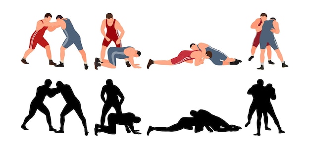 Set of wrestlers silhouettes Image of greco roman wrestling martial art sportsmanship