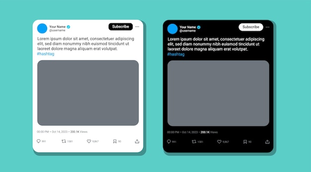 Vector set of x or twitter post or tweet mockup dark amp light mode with editable text