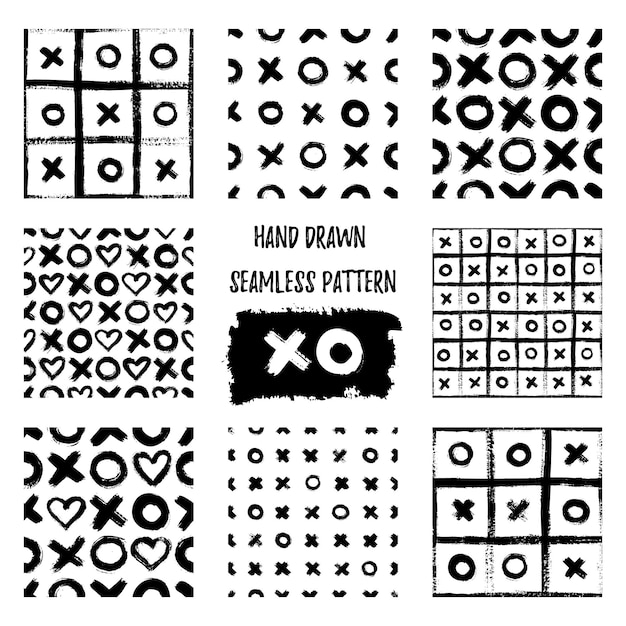 Vector set of xoxo seamless patterns. vector abstract backgrounds with ink brush strokes. monochrome scandinavian hand drawn print. grunge texture with simbols of zero, cross and heart.