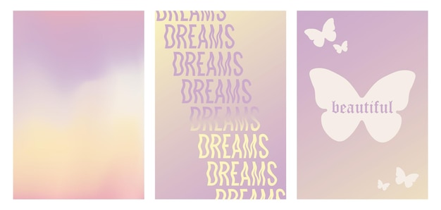 set of y2k style posters, 1990s 2000s nostalgia, butterfly, gradient background, trendy illustration