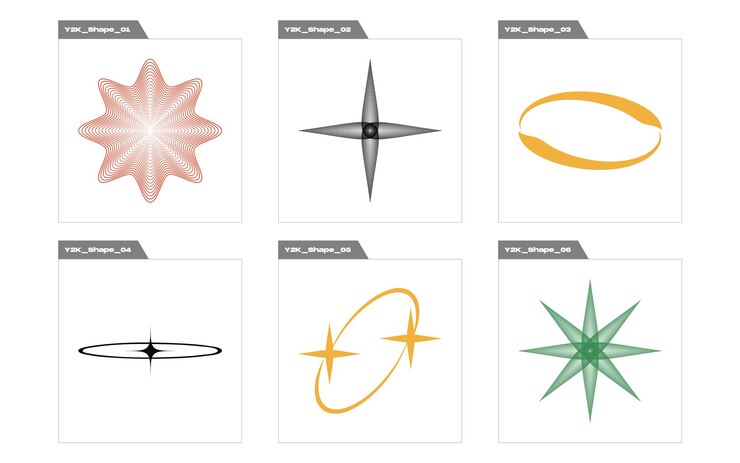 Vector set of y2k style vectors of objects brutalism star and flower shapes for modern tshirts designed