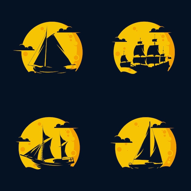 Vector set of yacht logo with waves and moon on a black background