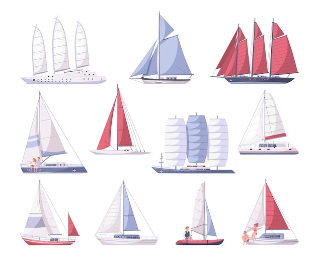 Set di icone del fumetto di yachting con immagini isolate di yacht di varie dimensioni su sfondo bianco illustrazione vettoriale