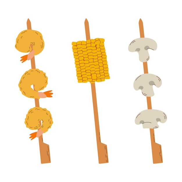Vector set of yakitori with different skewers skewers with mushrooms shrimp and corn