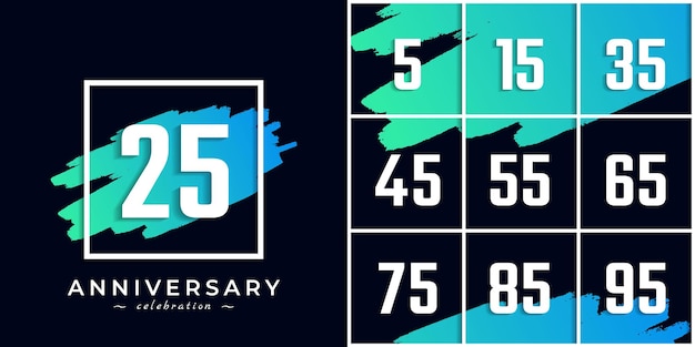 Set of Year Anniversary Celebration with Blue Brush and Square Symbol  Isolated on Black Background