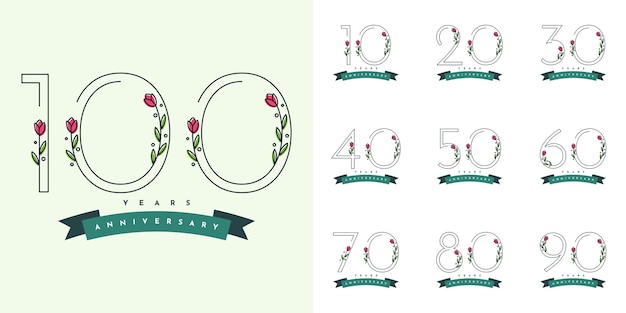 Set of years anniversary with flowers illustraion template