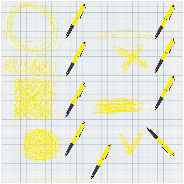 Set of yellow ballpoint pens with lines and scribbles