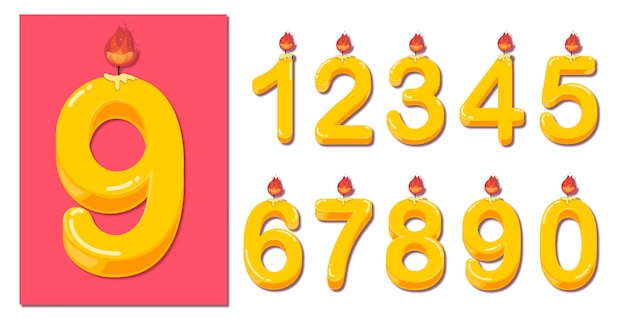 Set of yellow birthday candles numbers in 3d style