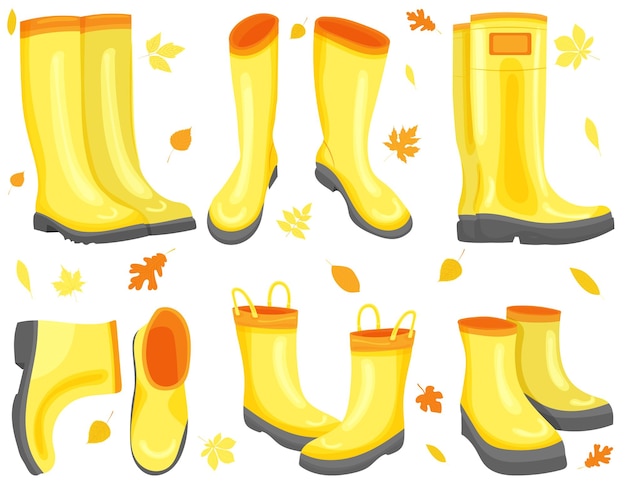 Set of yellow boots in flat style isolated vector