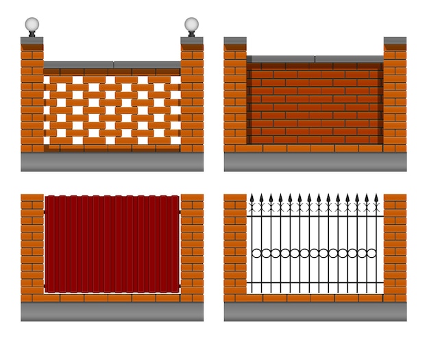 Vettore set di muri di mattoni gialli con una recinzione di metallo forgiato