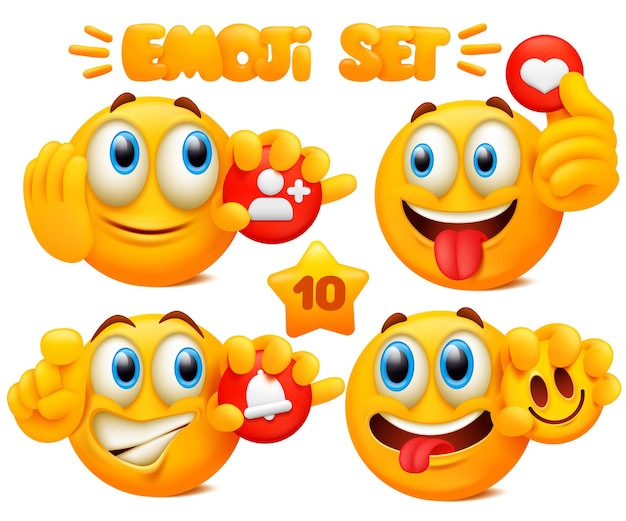 Vector set of yellow emoji cartoon characters with different facial expressions in glossy 3d. social media network concept.