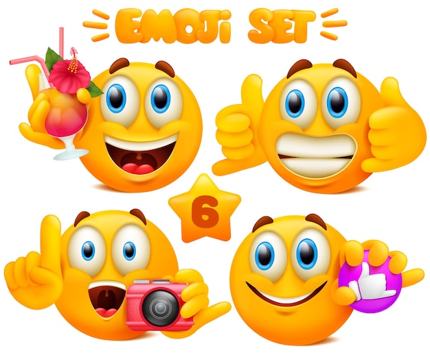 Set of yellow emoji cartoon characters with different facial expressions in glossy 3d