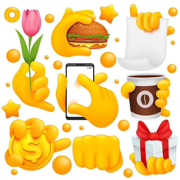 Set of yellow emoji hand icons and symbols. Flower, fist, coffee, golden coin, gift box signs.