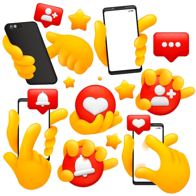 Vettore set di mano gialla emoji. smartphone, social media, segni di scorrimento.