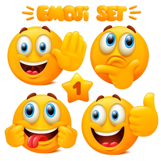 Set of yellow emoji icons Emoticon cartoon character with different facial expressions in 3d style isolated