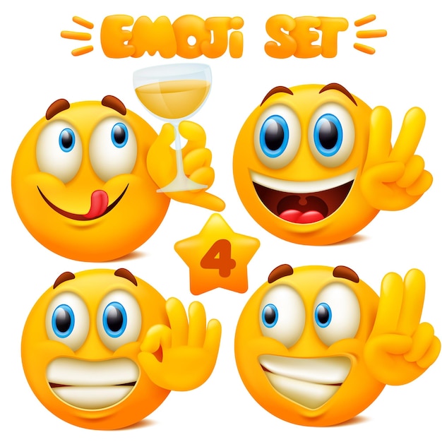 Набор желтых значков emoji Смайлик мультипликационный персонаж с разными выражениями лица в 3d стиле изолированы