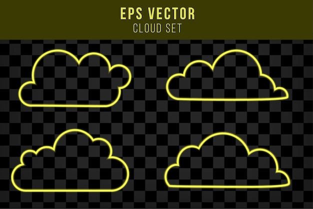 Set of yellow glow neon cloud isolated. Linear contour. Weather. Vector illustration