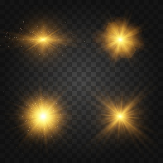 Set of yellow  glowing light explodes on a transparent background Sparkling magical dust particles. Star burst with sparkles. Gold glitter Bright Star. Transparent shining sun, bright flash 