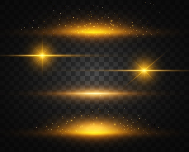 Vector set of yellow, gold glowing light explodes. shining sun.