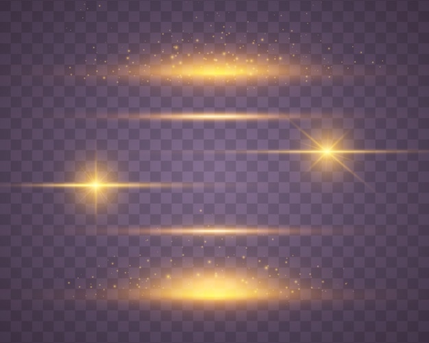 Vector set of yellow, gold glowing light explodes on transparency