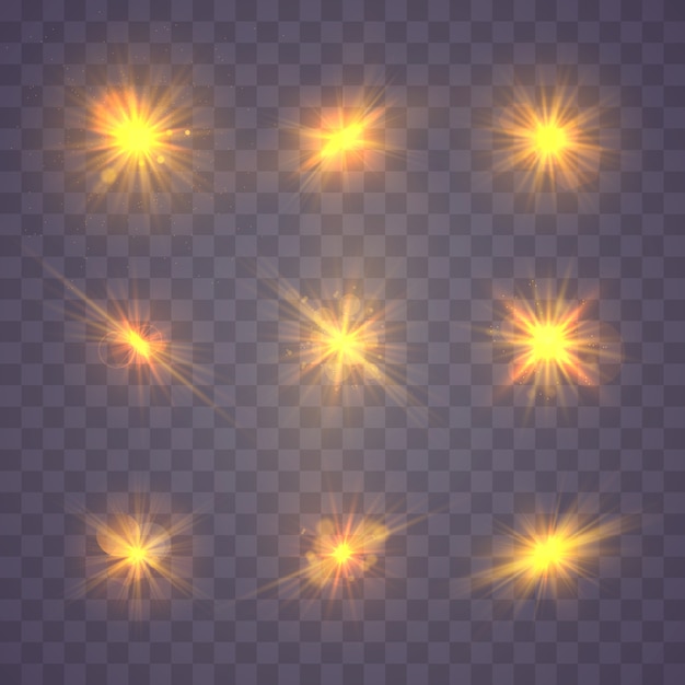 Vector set of yellow gold glowing light explodes on transparent