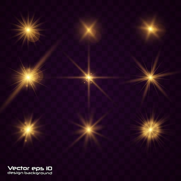 Vector set of yellow gold glowing light explodes on transparent