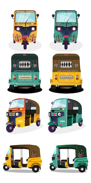 Vettore set di illustrazioni di autorickshaw gialle e verdi in india con vernice di rickshaw su di esso vista frontale