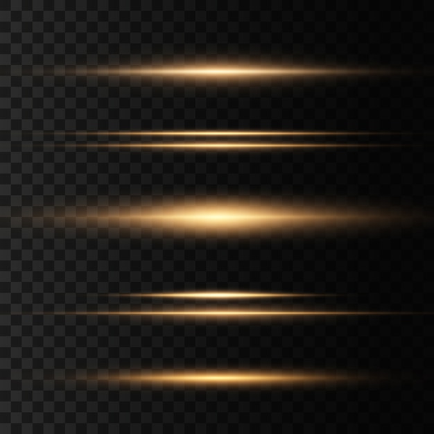 Vector set of yellow horizontal lens flares pack. laser beams, horizontal light rays.beautiful light flares. glowing streaks on dark background. luminous abstract sparkling lined background.