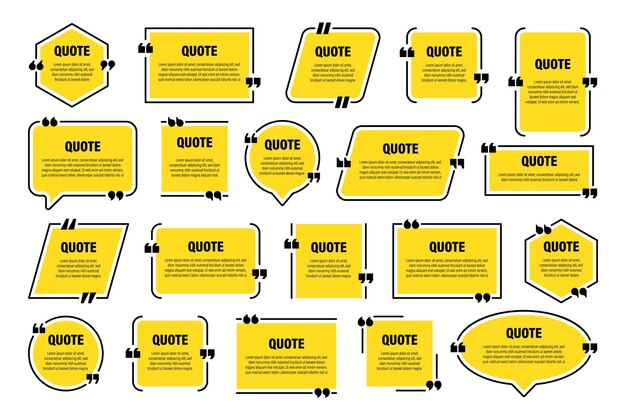 Set of yellow isolated quote frames speech bubbles with quotation marks blank text box and quotes