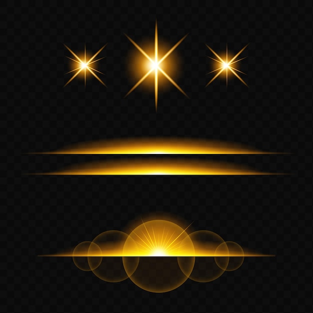 Vector set of yellow lens flares lights on dark background