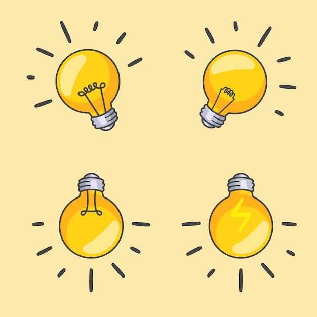 Set of yellow light bulb cartoon vector ideas symbol