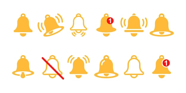 Set of yellow notification bells vector icon ringing bell on white background